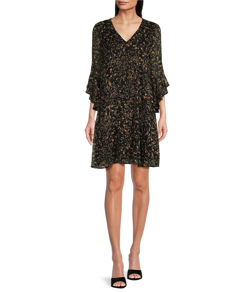 Calvin Klein 3/4 Sleeve V-Neck Floral Dress