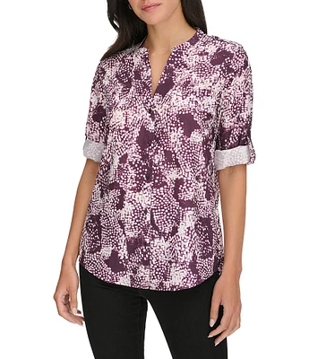 Calvin Klein Abstract Print Split V-Neck Roll-Tab Sleeve Button Front Top