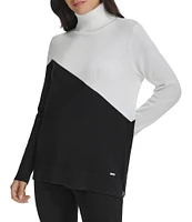 Calvin Klein Asymmetrical Color Block Turtleneck Long Sleeve Sweater