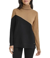 Calvin Klein Asymmetrical Color Block Turtleneck Long Sleeve Sweater