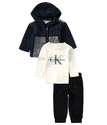 Calvin Klein Baby Boys 12-24 Months Long Sleeve Hooded Jacket, Long Sleeve Monogrammed Knit T-Shirt & Twill Jogger Pant Set