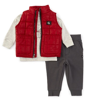 Calvin Klein Baby Boys 12-24 Months Sleeveless Quilted Microfiber Vest, Long Sleeve Logo Knit T-Shirt & Fleece Jogger Pant Set