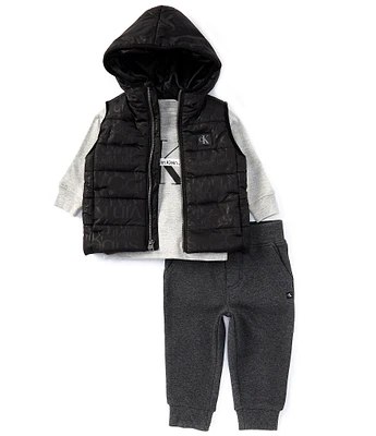 Calvin Klein Baby Boys 12-24 Months Sleevleess Puffer Vest, Long Sleeve Logo T-Shirt & Fleece Jogger Pant Set