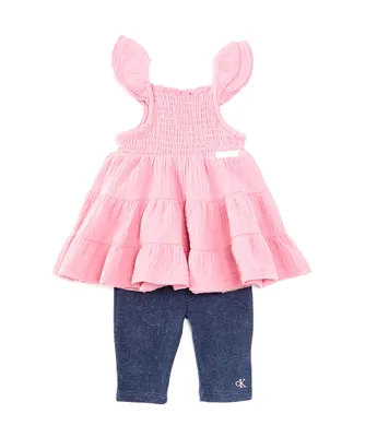 Calvin Klein Baby Girls 12-24 Months Flutter-Sleeve Tiered Woven Muslin Tunic Top & Solid Knit Capri Leggings Set