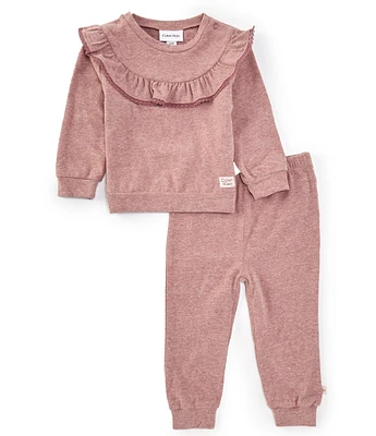 Calvin Klein Baby Girls 12-24 Months Heather Double-Brushed Knit Ruffle Pullover & Jogger Pants Set