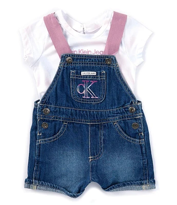 Calvin Klein Baby Girls 12-24 Months Sleeveless Denim Shortall & Short-Sleeve Smocked Muslin Top