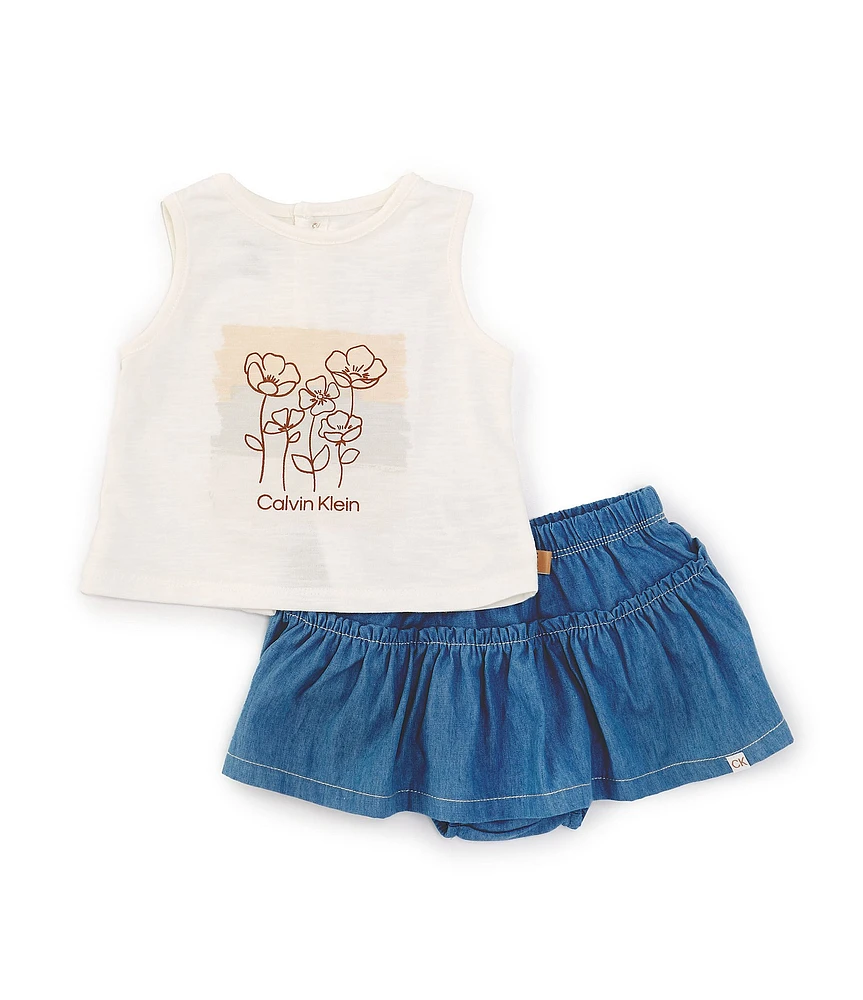 Calvin Klein Baby Girls 12-24 Months Slub-Jersey Flower-Graphic Tank Top & Solid Chambray Skort Set