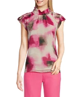 Calvin Klein Blur Print Chiffon Mock Neck Ruffle Detail Top