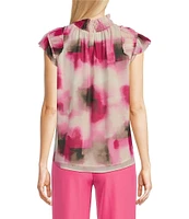 Calvin Klein Blur Print Chiffon Mock Neck Ruffle Detail Top