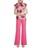 Calvin Klein Blur Print Chiffon Mock Neck Ruffle Detail Top