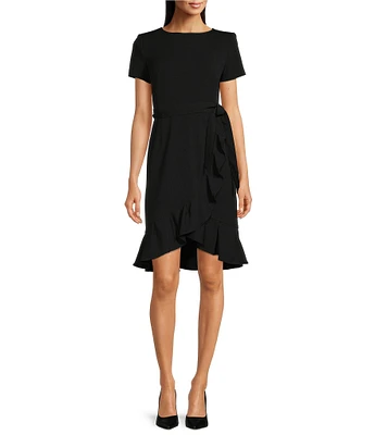 Calvin Klein Boat Neck Short Sleeve Belted Ruffle Hem Faux Wrap Dress