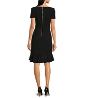 Calvin Klein Boat Neck Short Sleeve Belted Ruffle Hem Faux Wrap Dress