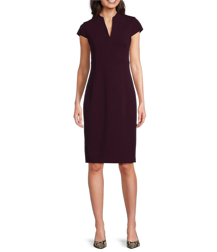 Calvin Klein Short Sleeve Split V-Neck Scuba Crepe Sheath Dress