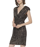 Calvin Klein Cap Sleeve V-Neck Sequin Front Slit Dress