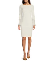 Calvin Klein Chiffon Long Sheer Bell Sleeve Round Neck Sheath Dress