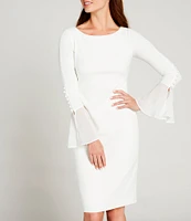 Calvin Klein Chiffon Long Sheer Bell Sleeve Round Neck Sheath Dress