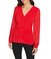 Calvin Klein Chiffon Combo Long Sleeve V-Neck Shirred Top