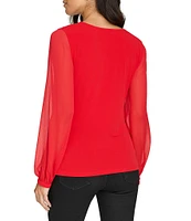 Calvin Klein Chiffon Combo Long Sleeve V-Neck Shirred Top