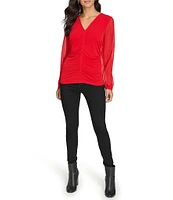 Calvin Klein Chiffon Combo Long Sleeve V-Neck Shirred Top