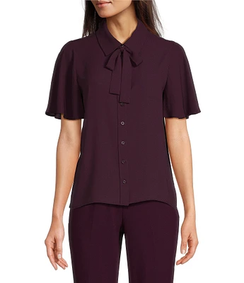 Calvin Klein Chiffon Flutter Short Sleeve Collared Tie Neck Blouse