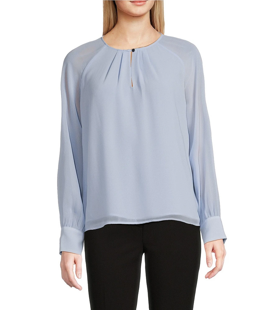 Calvin Klein Chiffon Keyhole Crew Neck Sheer Long Sleeve Blouse