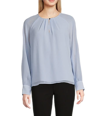 Calvin Klein Chiffon Keyhole Crew Neck Sheer Long Sleeve Blouse