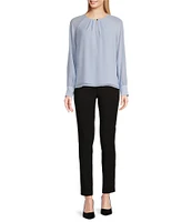 Calvin Klein Chiffon Keyhole Crew Neck Sheer Long Sleeve Blouse