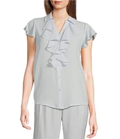 Calvin Klein Collared Flutter Cap Sleeve Cascading Ruffle Button Front Blouse