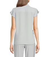 Calvin Klein Collared Flutter Cap Sleeve Cascading Ruffle Button Front Blouse