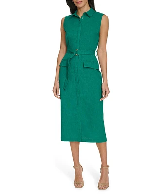 Calvin Klein Collared Neck Sleeveless Belted Crosshatch Crepe Sheath Dress