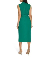 Calvin Klein Collared Neck Sleeveless Belted Crosshatch Crepe Sheath Dress