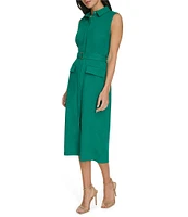 Calvin Klein Collared Neck Sleeveless Belted Crosshatch Crepe Sheath Dress