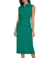 Calvin Klein Collared Neck Sleeveless Belted Crosshatch Crepe Sheath Dress