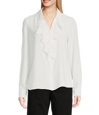 Calvin Klein Collared Ruffle Front Long Sleeve Top