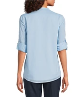 Calvin Klein Cotton Crew Neck Roll Tab Sleeve Button Front Blouse