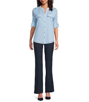 Calvin Klein Cotton Crew Neck Roll Tab Sleeve Button Front Blouse