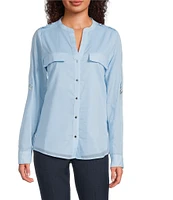 Calvin Klein Cotton Crew Neck Roll Tab Sleeve Button Front Blouse