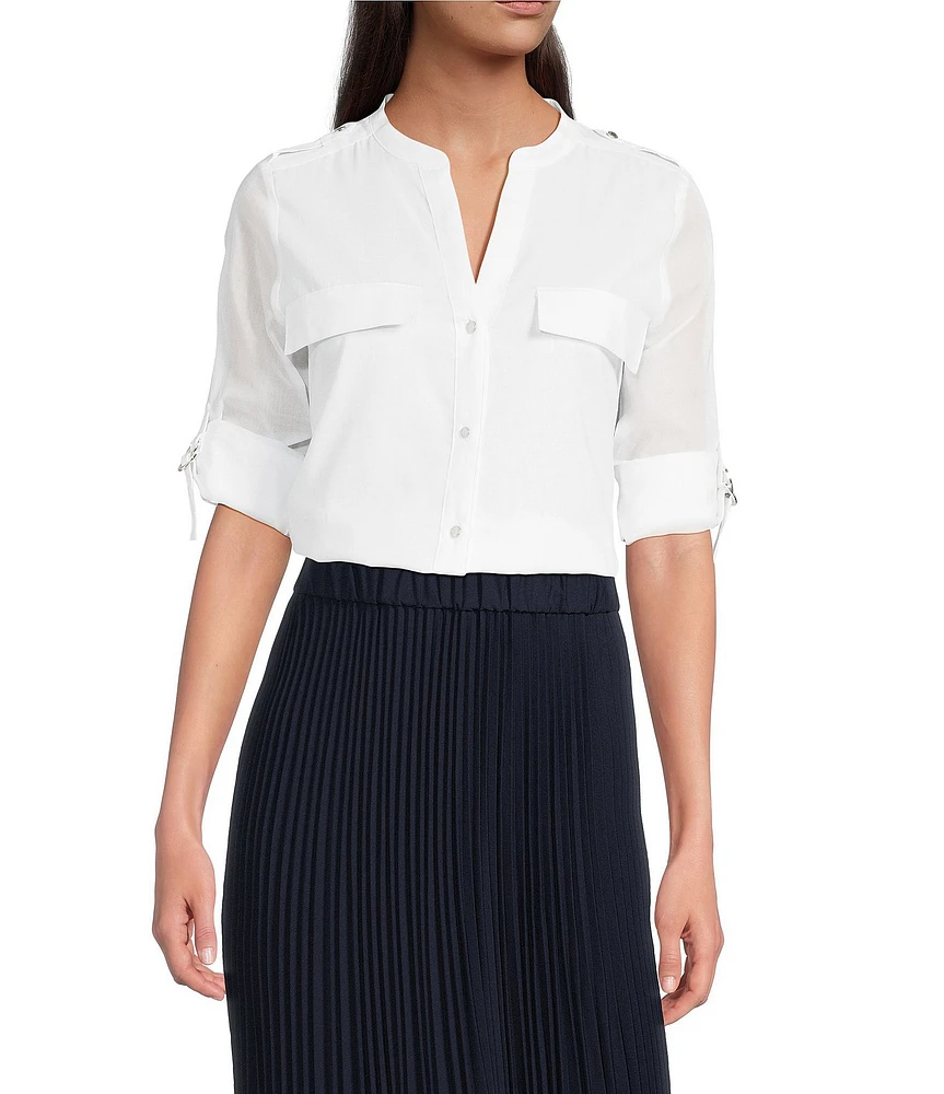 Calvin Klein Cotton Crew Neck Roll Tab Sleeve Button Front Blouse