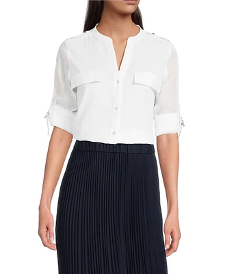 Calvin Klein Cotton Crew Neck Roll Tab Sleeve Button Front Blouse