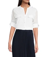 Calvin Klein Cotton Crew Neck Roll Tab Sleeve Button Front Blouse
