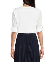 Calvin Klein Cotton Crew Neck Roll Tab Sleeve Button Front Blouse