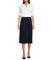 Calvin Klein Cotton Crew Neck Roll Tab Sleeve Button Front Blouse