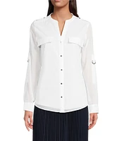 Calvin Klein Cotton Crew Neck Roll Tab Sleeve Button Front Blouse