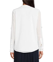 Calvin Klein Cotton Crew Neck Roll Tab Sleeve Button Front Blouse