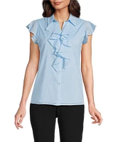 Calvin Klein Cotton Flutter Sleeve Collared Ruffle Button Front Blouse