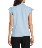 Calvin Klein Cotton Flutter Sleeve Collared Ruffle Button Front Blouse
