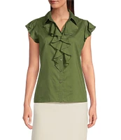 Calvin Klein Cotton Flutter Sleeve Collared Ruffle Button Front Blouse