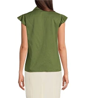 Calvin Klein Cotton Flutter Sleeve Collared Ruffle Button Front Blouse