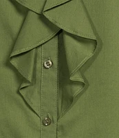 Calvin Klein Cotton Flutter Sleeve Collared Ruffle Button Front Blouse