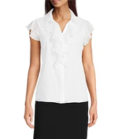 Calvin Klein Cotton Flutter Sleeve Collared Ruffle Button Front Blouse